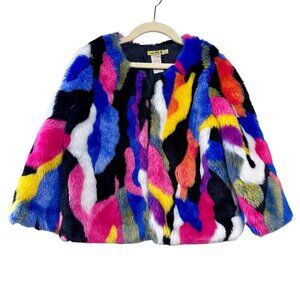 LITTLE MASS Faux Fur Multicolor Jacket Girls 6 Quilted Lining Vibrant Patchwork